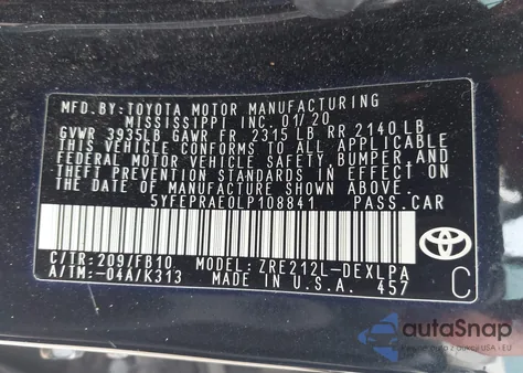 2020 Toyota Corolla Le from USA, damaged, VIN 5YFEPRAE0LP108841